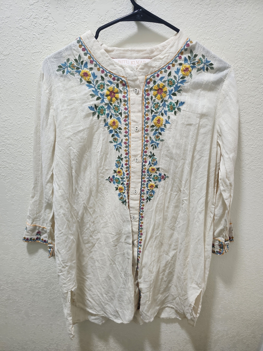 Ritu Kumar Cream Tunic with Blue, Yellow & Green Floral Embroidery